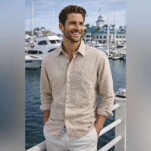 Burberry Linen Men’s Medium Tan Casual Button Down Shirt Resort Formal Lightweig